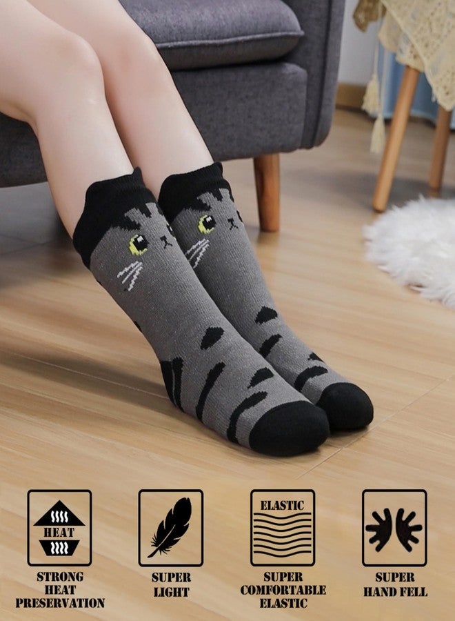 جوارب FNOVCO Cat Socks الناعمة للنساء مع مشابك مانعة للانزلاق، جوارب دافئة ومريحة مبطنة بفرو الشيربا (رمادي وأسود، 5-9) - Image 4